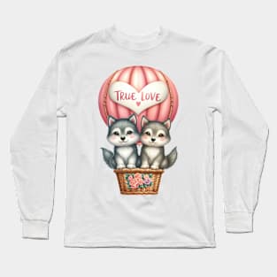 Valentine Wolf Couple On Hot Air Balloon Long Sleeve T-Shirt